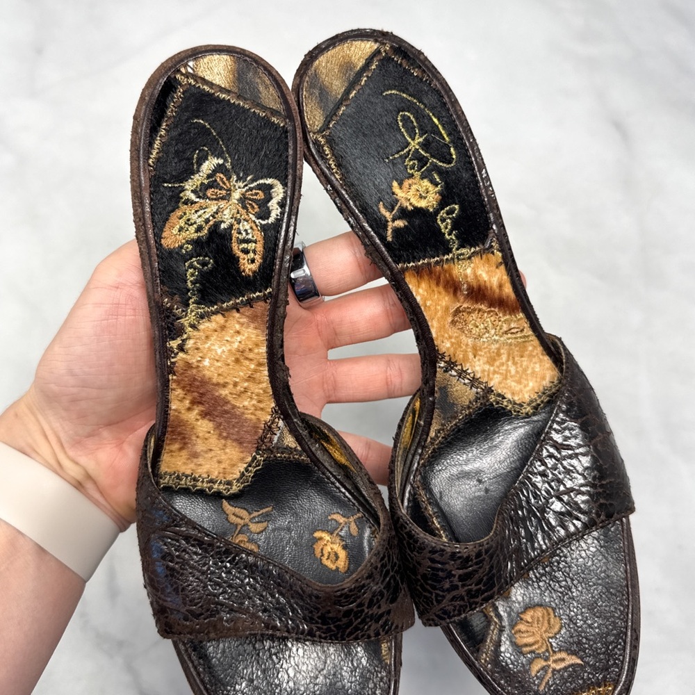 Roberto Cavalli Vintage Y2K Embroidered Butterfly Patchwork Mule Heels 2000s 36